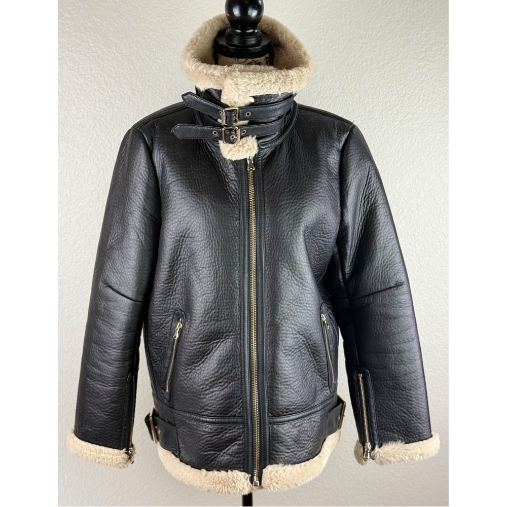 Zara Black Faux Leather Shearling Lined Aviator Jacket - Picture 10 of 12